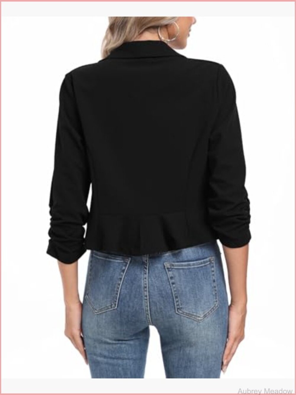Cropped Blazer - 3/4 Ruched Sleeve Open Front Cardigan Jacket - Picture 6 of 6